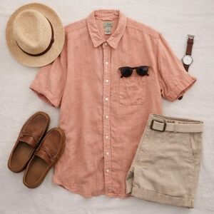 LL Bean LinenOrange Short Sleeve Button Up Casual Shirt. Mens Size XLT